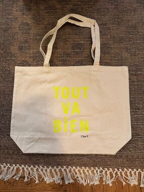 Clare V. Canvas Tote with Neon Yellow 'TOUT VA BIEN' Text